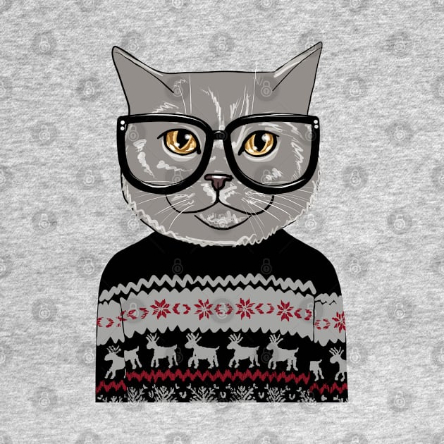 Grey Kitty Ugly Christmas Sweater by KilkennyCat Art